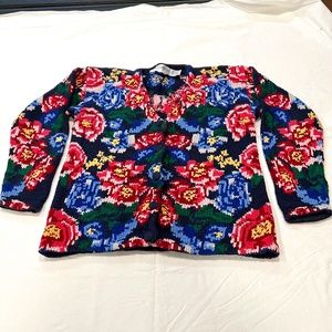 Eagle's Eye Vintage Navy Blue Cotton/Ramie Hand knit Floral Cardigan